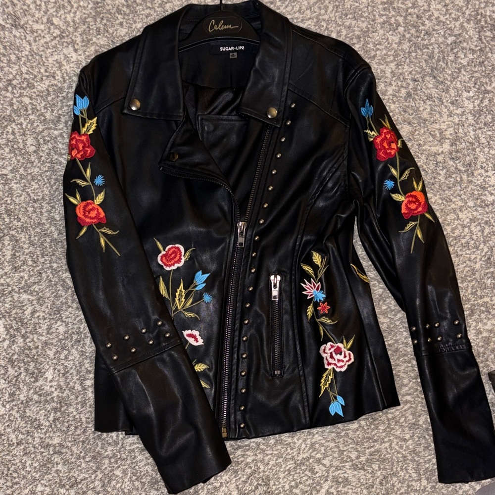 Black Embroidered Women's Leather Jacket